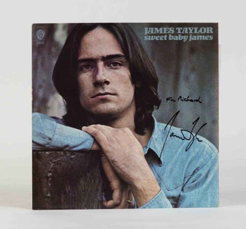 JAMES TAYLOR: Sweet Baby James, Warner Bros, 1969, inscribed “For Richard, James Taylor,” includes letter from Richard requesting signature, condition E
